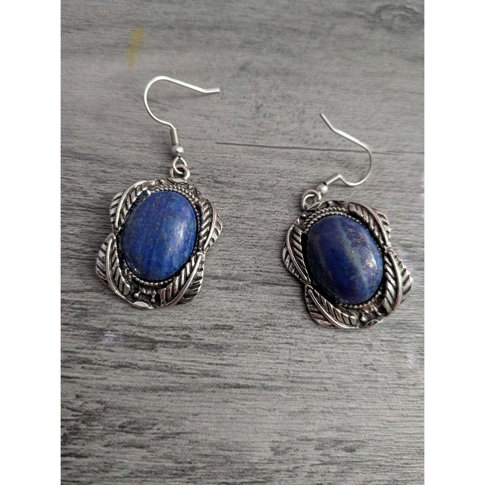 Vintage Style Lapis Lazuli Silver Tone Boho Oval Dangle Fishhook Earrings